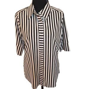 Belyn Key Womens Black White Stripe Short Sleeve Wrinkle Resistant Blouse Medium